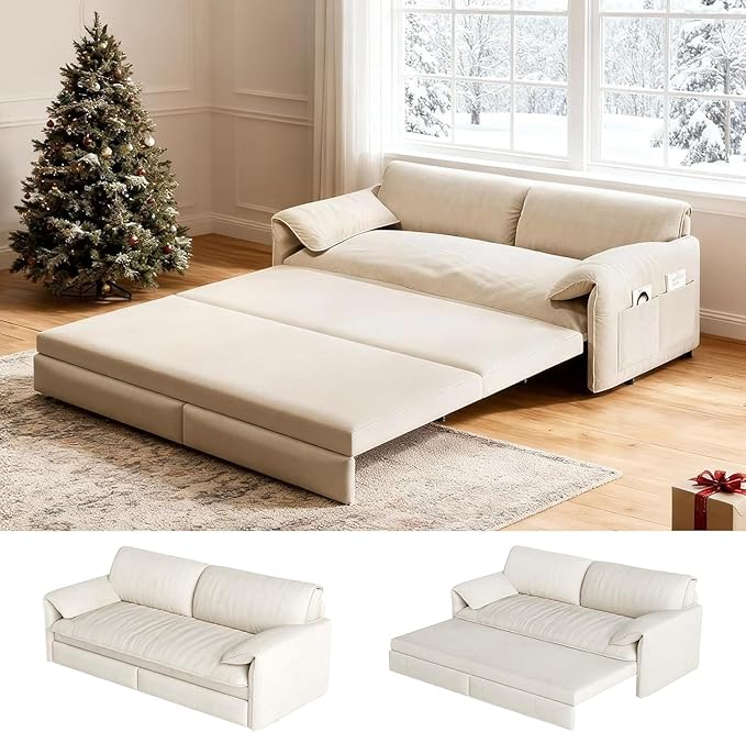 healthomse 66 Queen Size Sleeper Sofa Bed 3-in-1 Convertible Pull Out Sofa Bed with Side Storage Modern Velvet Loveseat for Living Room Bedroom Apartment Office Lounge (Beige 66inch)