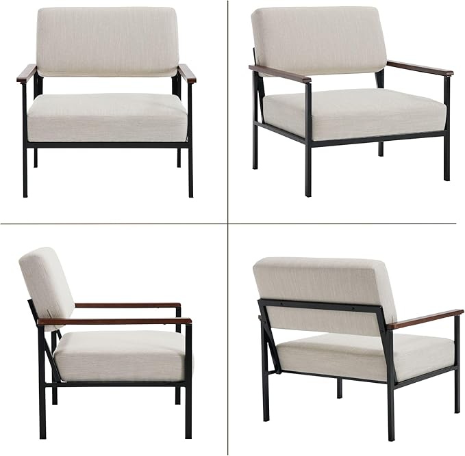 Mid Century Modern Accent Chair Set of 1 Beige Linen Upholstered Armchair with Black Metal Frame Comfortable Lounge Reading Chair for Living Room Bedroom Office Reception