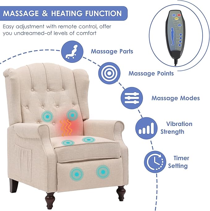 SAMERY Wingback Recliner Chair with Massage and Heat- Accent Chair Push Back Chair for Living Room Bedroom Tufted Comfy Reclining Arm Chair Sofa Reading Napping