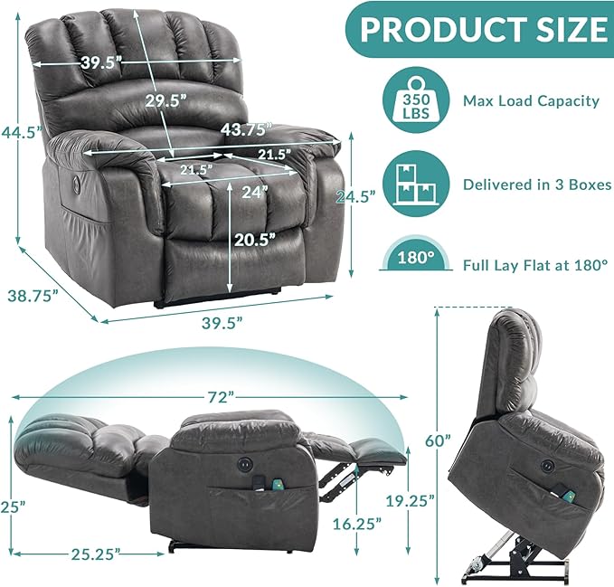 MEETWARM Large Infinite Position Dual Motor Recliner Chair for Big and Tall Elderly Oversized Lay Flat Sleeper Power Lift Recliner with Massage Heat 2 Remote Controls/USB Port/Side Pockets(Gray)