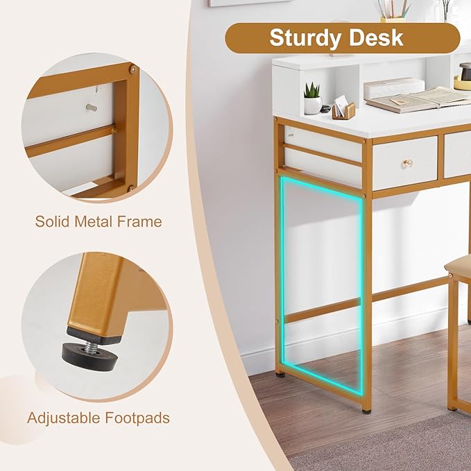 32 Small PC Desk with PU Leather Stool Vanity Dressing Table with 3 Open Shelves and Drawers Work Writing Desks for Corner Bedroom Home Office White/Gold