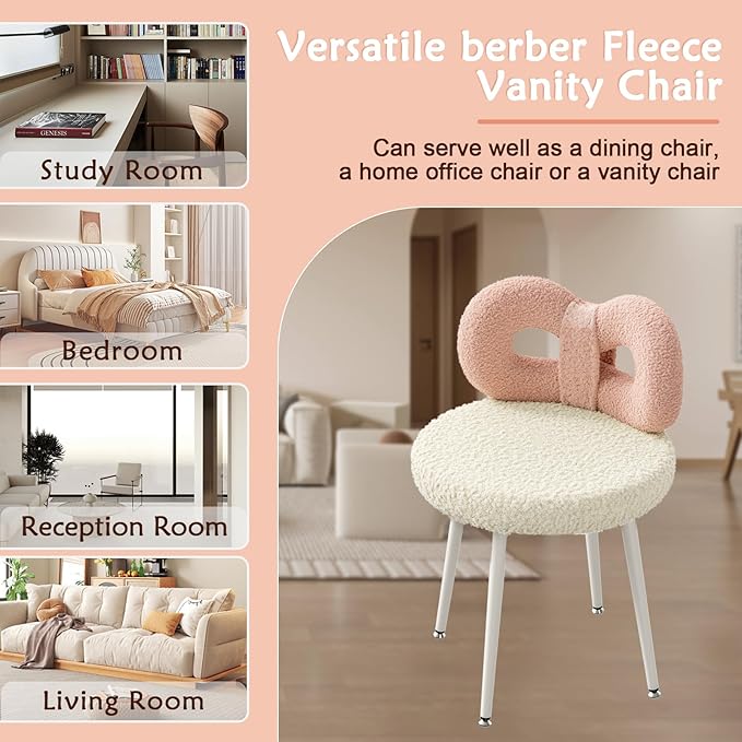 Vanity Chair with Back Swivel DesignNo WheelsSmall Upholstered Pink Makeup Chair for Girls with Cute Bow Backrest for Bedroom