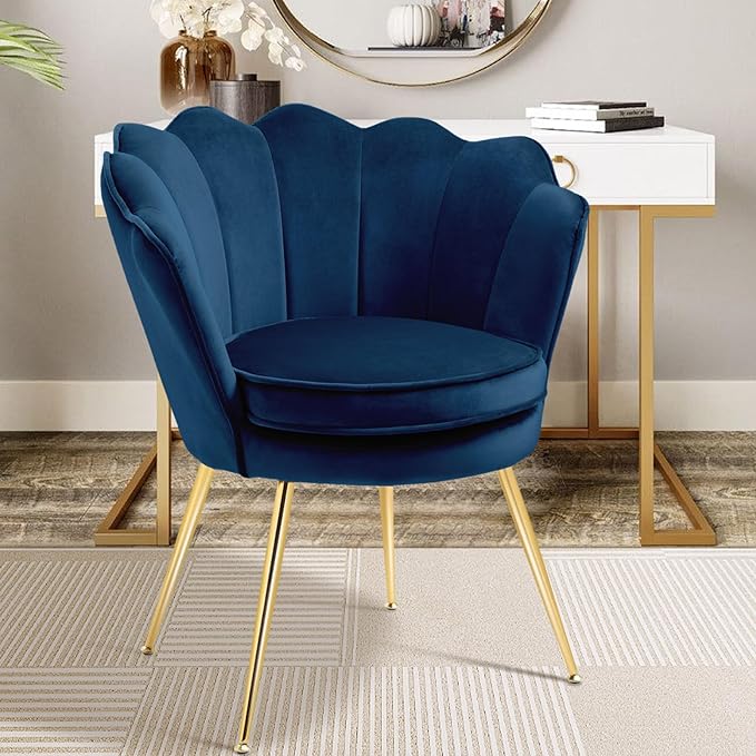 Accent Chairs Set of 2 for Living Room Velvet Upholstered Makeup Room Vanity Chair with Back Golden Metal Legs Small Accent Side Chair for Bedroom Cloud Chair Set 2 Pcs Dark Blue