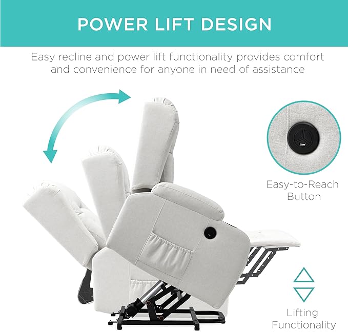 Best Choice Products Modern Linen Electric Power Lift Chair Recliner Massage Chair Adjustable Furniture for Back Legs w/ 3 Positions USB Port Heat Cupholders Easy-to-Reach Button - Ivory