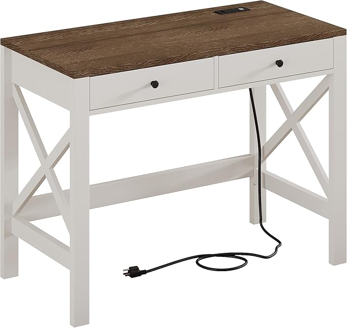 ChooChoo Computer Desk with USB Charging Ports and Power Outlets Modern Simple 40 Inches Desk with Drawers Makeup Vanity Console Table Soft White