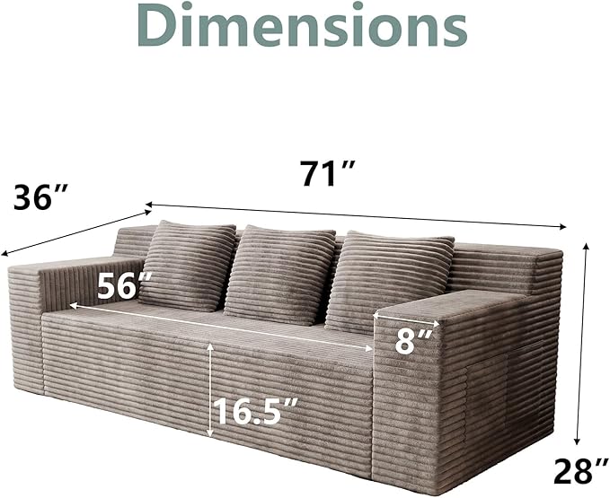 71Cloud Loveseat SofaBoneless Deep Seat 2-Seater with 3 Pillows&ampSide PocketNo Assembly Foam Floor CouchPlush Corduroy FabricModern Living Room Sofa for Small Space Apartment(Flat HandrailCam