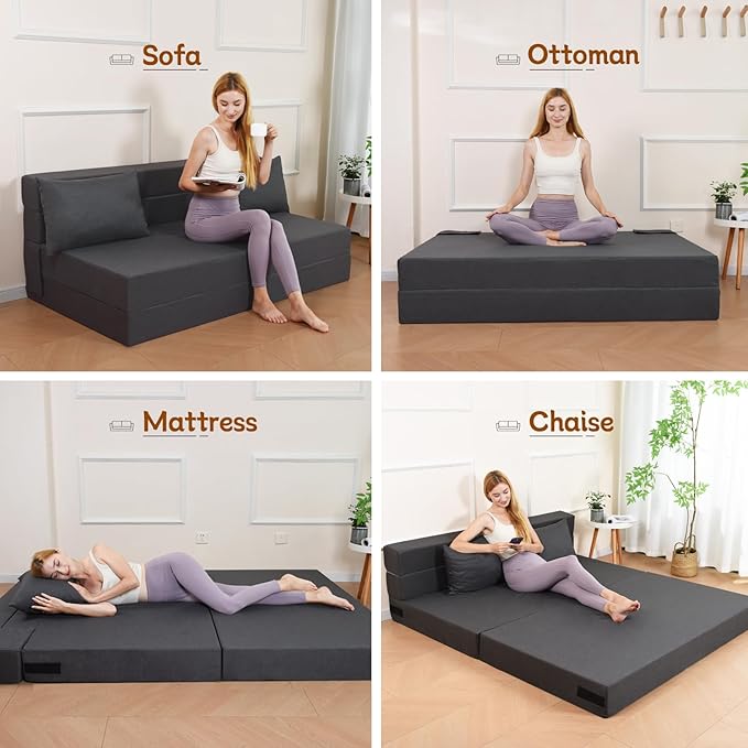 Folding Sofa Bed Foldable Bed Sleeper Chair with Pillow Convertible Sofa Bed with Washable Cover Fold Out CouchFuton Couch for Living Room Dorm Guest Room Queen Size Dark Grey