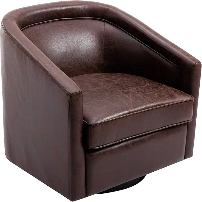 Wovenbyrd Classic Mid-Century Modern 360° Swivel Accent Chair Faux Leather Barrel Chair Dark Brown