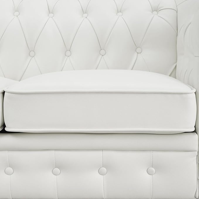Naomi Home Emery Chesterfield Leather Loveseat Mini Sofa Sleeper Loveseat Small Sofa Bed with Rolled Arms Tufted Cushions 2 Seater Sectional Small Loveseat for Spaces Living Room White
