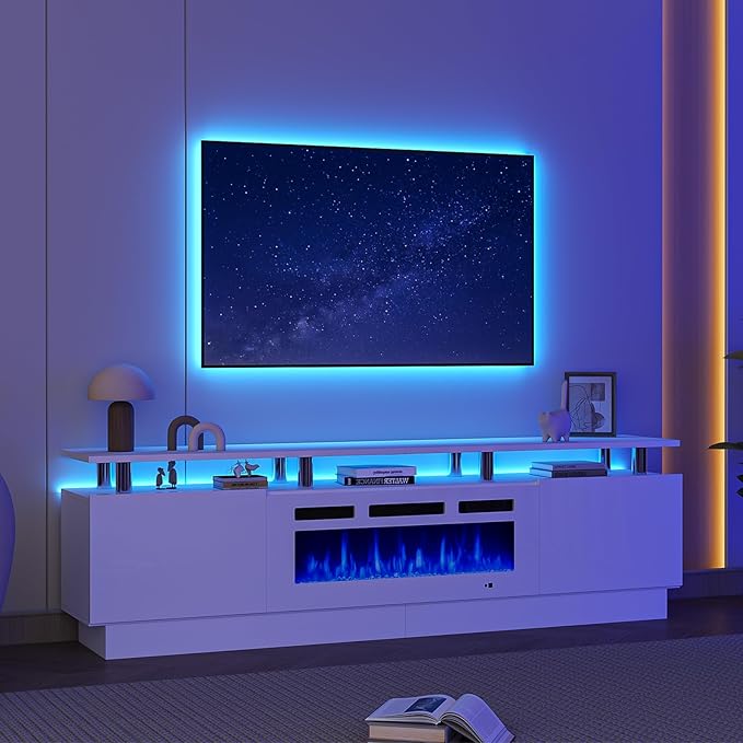 MXV 80 Fireplace TV Stand Modern Entertainment Center &amp 36 Inch Electric Fireplace with Remote Control LED Light Fire Place Tv Stand for Living Room for TVs up to 90 White + White