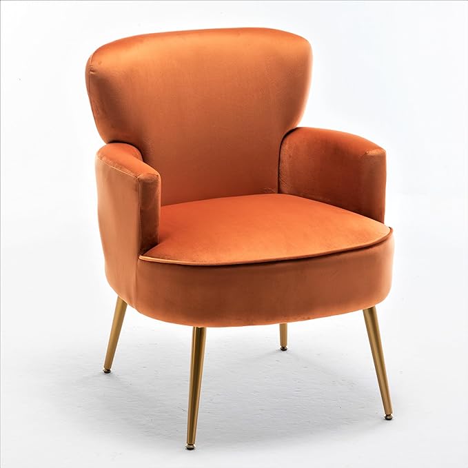 Trendy Velvet Accent Chair with Gold Metal Legs Upholstered Armchair for Small to Mid-Size Spaces Modern Living Room Bedroom Vanity Desk and Entryway Red Orange