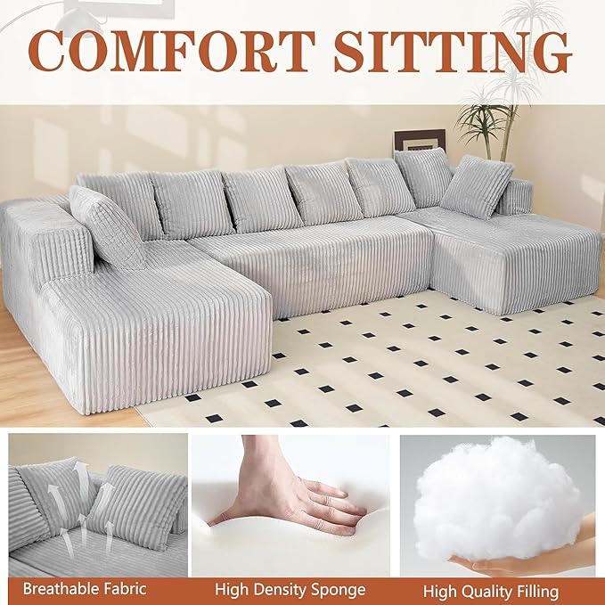 130 Modular Cloud Sectional Sofa with Chaise Deep Seat Plush Boneless Couch with Memory Foam Comfy Fluffy Couch U-Shaped Sectional Couches for Living Room No Assembly Required Grey