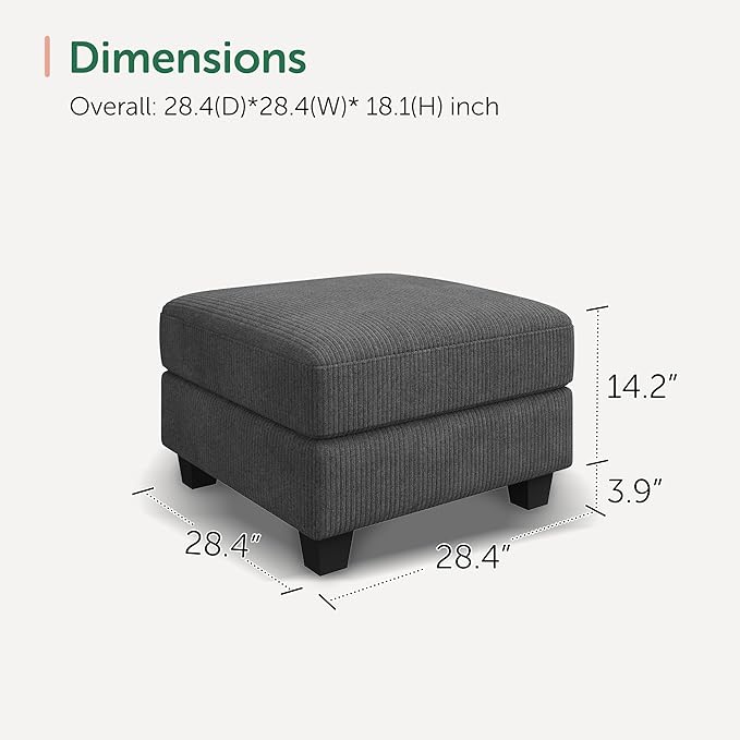 HONBAY Modern Corduroy Ottoman Module Sofa 28.4 Inch Square Ottoman Bench with Storage Grey