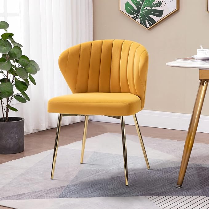 HULALA HOME Velvet Dining Chair Cute Armless Accent Chair Living Room Chair with Golden Legs Mid Century Modern Upholstered Side Chair for Kitchen Vanity Mustard
