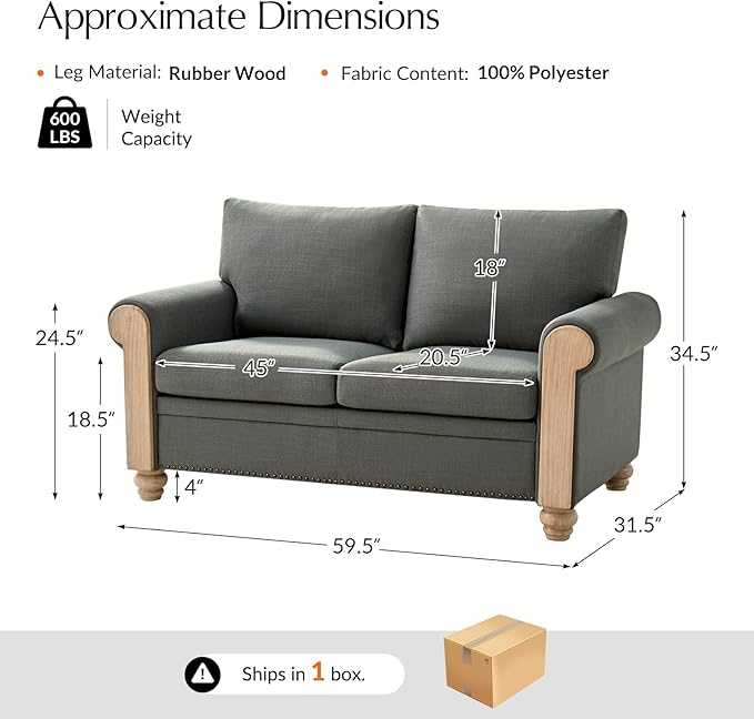 HULALA HOME 60 Farmhouse Loveseat Sofa with Solid Wood Spindle Legs 2 Seater Small Sofa with Rolled Wide Armrests Comfy Upholstered Loveseat Couch with Nailhead Trims Charcoal