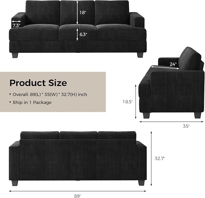 89 Inch Sofa with Extra Deep Seats Oversize 3 Seater Sofa for Living Room Modern Couch and Sofa Comfy Armrests and Seats and Backrests Easy InstallationWide Corduroy Fabric Black