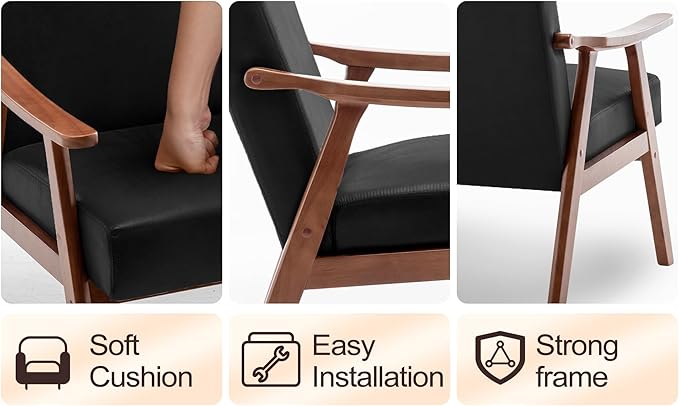 Living Room Chair with Solid Wood Frame Mid Century Modern Chairs Black Accent Chair Extra-Thick Backrest Wingback Chairs for Bedroom Reading Room Living Room Lounge Recliner Indoor