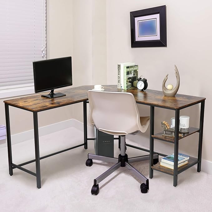 L Shaped Corner Computer Desk 54.3 inch with Storage Shelf Long Gaming Desk for Home Office PC Workstation Saving Space Laptop Table Rustic Brown