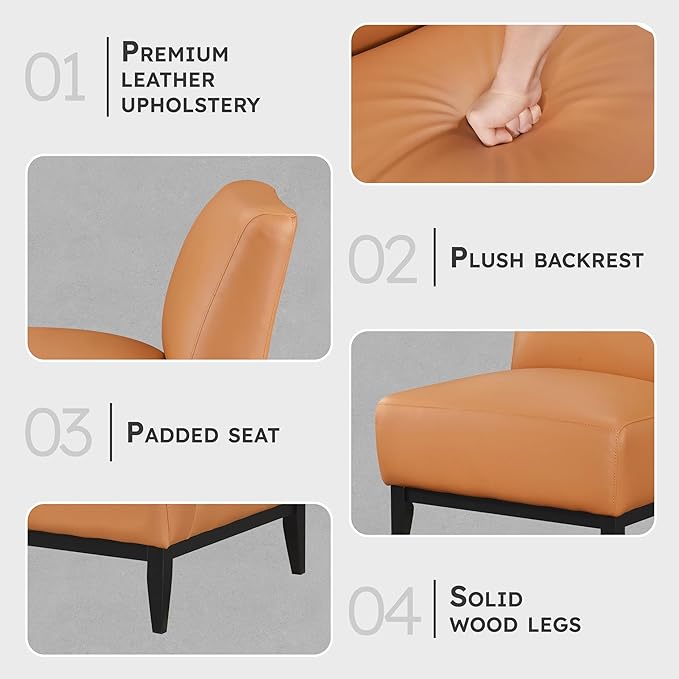 Lexicon Modern Living Room Leather Accent Chair Luxury Genuine 100% Top Grain Leather Upholstered Armless Chair Comfortable Seat Black Solid Wood Legs for Bedroom/Office Easy Assembly Orange