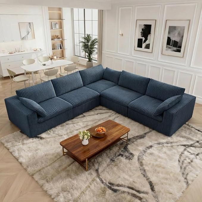 118.2 Modern V Shaped Corner Sofa Comfy Modular Sectional Cloud Couch with Plush Corduroy Fabric Deep Seat Upholstered Sofa Fluffy Boneless Couches for Living Room No Assembly (Blue)