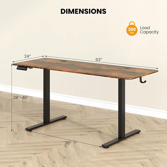 Tangkula 63 Inch Height Adjustable Electric Standing Desk Extra Large Sit Stand Desk with 3 Memory Height Settings Anti-Collision System 2 Hanging Hooks &amp Wire Holes Rising Desk for Home Offic