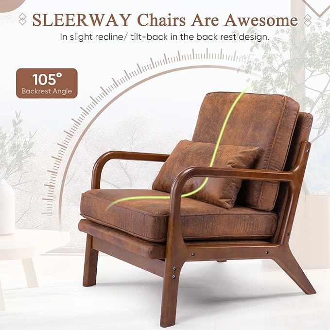 Accent Chair - Mid-Century Modern Chairs Living Room Furniture Set Bedroom Reading Solid Wood Arm Chair w/Lumber Pillow Comfy Cushion Ergonomic Lounge Armchair Office Side Chair (Coffee Set of 1)
