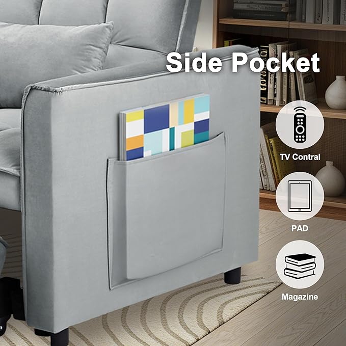Convertible Sofa Bed 3 in 1 Sleeper Sofa with Adjustable Backrest Pull Out Couch Loveseat with 2 Pillows &amp Side Pockets for Living Room Bedroom Apartment 55 Velvet | Light Gray