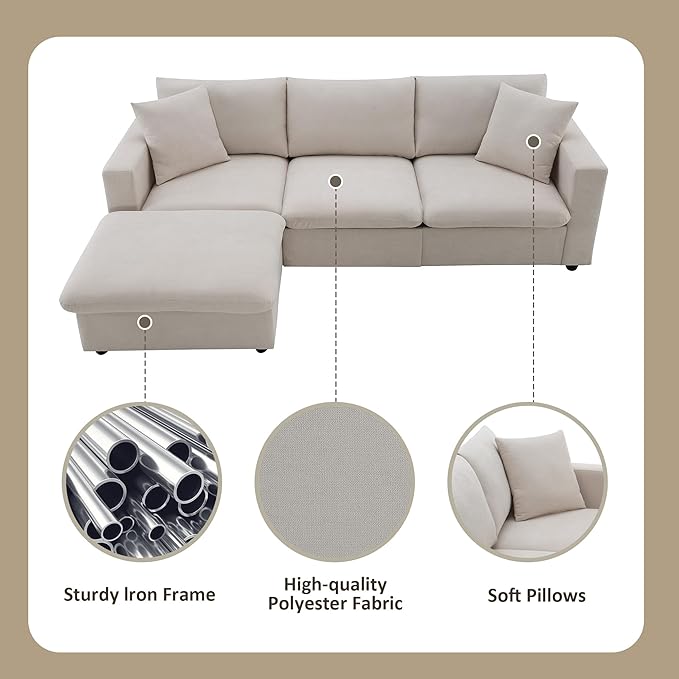 Modular Sectional Sofa for Living Room Modern L Shaped Cloud Couch with Ottoman Small Sectional Couch with Chaise Comfy 3 Seater Sofa for Small Spaces Apartment Beige