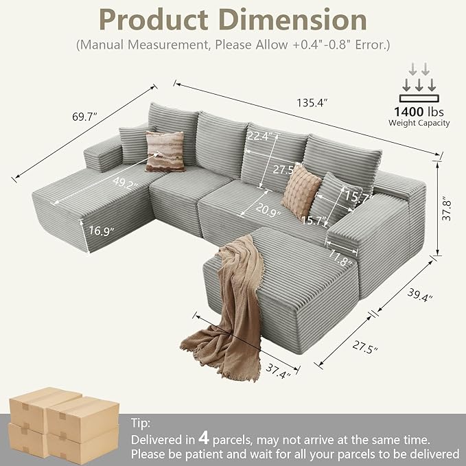 135 L-Shape Sofa with Ottoman Modern Modular Sectional Comfy U-Shape Cloud Couch Deep Seat Upholstered Corduroy Sleeper Chaise Longue for Living Room Bedroom No Assembly Required Grey