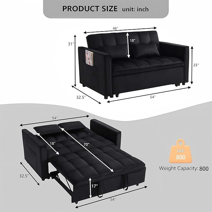 Loveseat Sleeper Sofa 3 in 1 Convertible Sofa Bed Adjustable Backrest Comfy Pull Out Couch Modern Upholstered Sofa for Living Room Bedroom Apartment Small Space (Black)