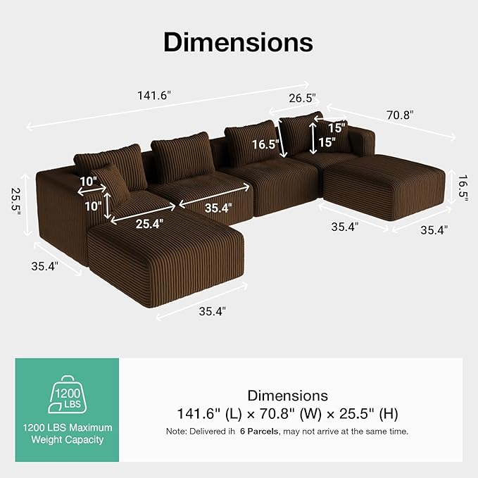 Novilla 141 Modular Sectional Sofa Modern Cloud Sectional Couch with Smarts Coil® Support U-Shape Boneless Couch for Living Room Apartments No Assembly Required Brown (4 Seat w/ 2 Ottoman)