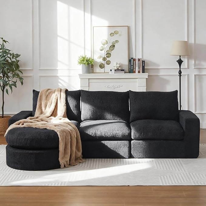99 Modular Sectional Sofa Cloud Sectional Couch with Neck Pillow &amp Deep Seat Chenille Boneless Couches with L-Shape Chaise for Living RoomNo Assembly Required Black