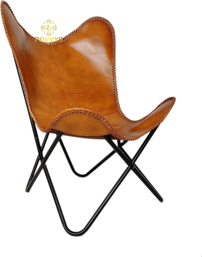 Parry Leather Butterfly Chair for Living Room - Handcrafted Brown Buffalo Leather Foldable Powder Coated Iron Frame Relaxing Chair for Home Decor Lounge Accent Outdoor Indoor