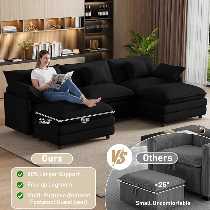 114 U Shaped Cloud Couch Sectionals Oversized Sectional Couches for Living Room Modular Couch Large Velvet Cloud Sofa with Movable Ottoman Black