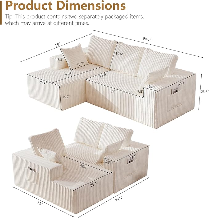 94 L Shape Sectional Sofa 3 Seat Memory Foam Cloud Couch No Assembly Required Oversized Chaise Modular Couches for Living Room Office Apartment - Left Facing Chaise White