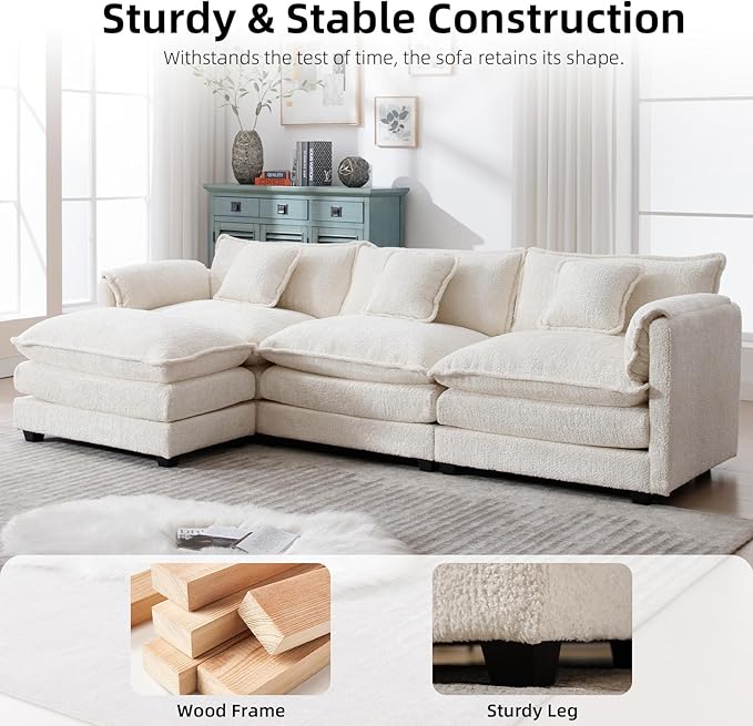 GNIXUU 112 L Shaped Sectional Sofa Cloud Couch for Living Room Oversized Modular Sectional Sofa with Movable Ottoman 4 Seat Chenille Deep Seat Sofa Set with Double Cushion &amp Pillows Beige