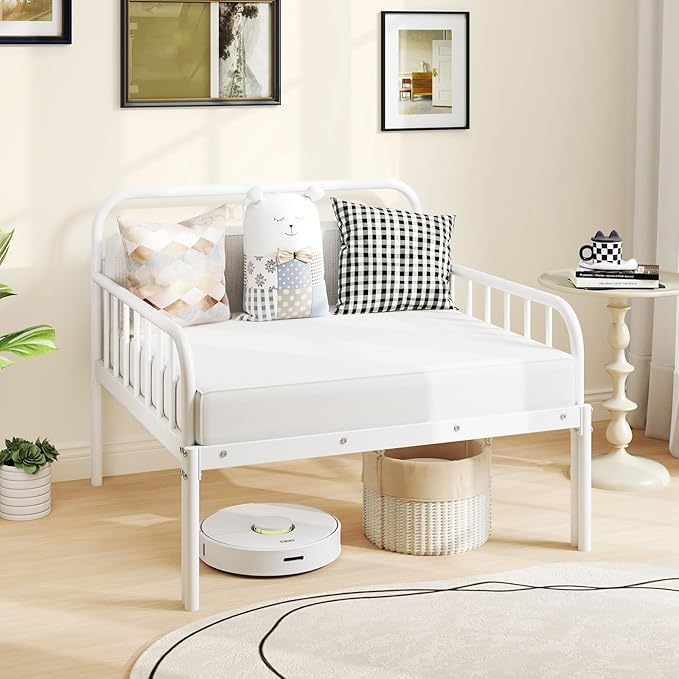 Giantex Metal Twin Bed Frame Convertible Sofa Bed with Headboard &amp Armrests Pull-Out Sleeper Chair Bed for Small Spaces Dorm Guest Apartment Suitable for Folding Sofa Mattress White