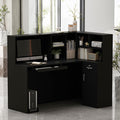 Homsee Reception Desk L-Shaped Office Desk with Counter 1 Door Storage Cabinet 1 Lockable Drawer Hutch Shelf and Keyboard Tray Black