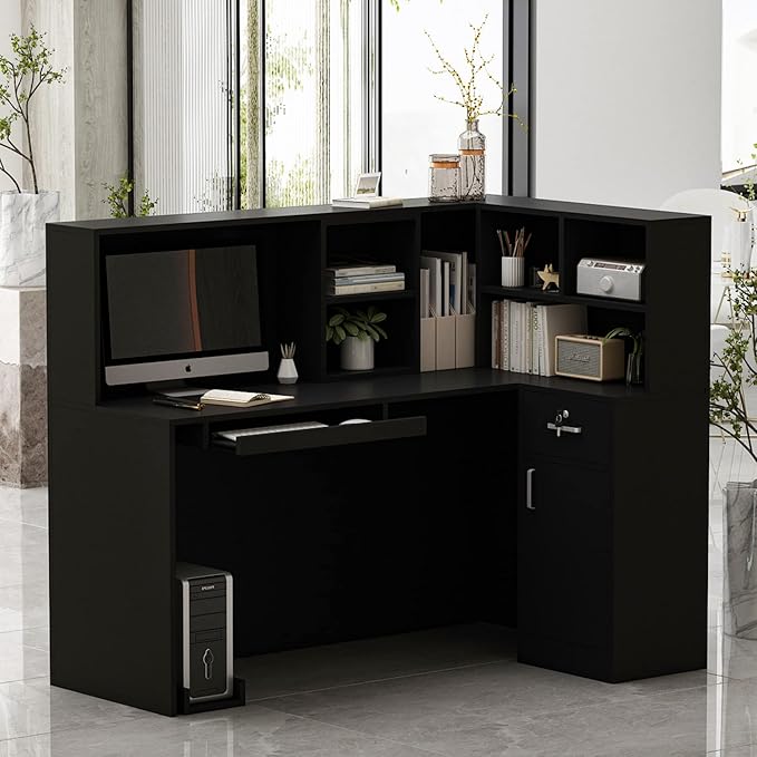 Homsee Reception Desk L-Shaped Office Desk with Counter 1 Door Storage Cabinet 1 Lockable Drawer Hutch Shelf and Keyboard Tray Black