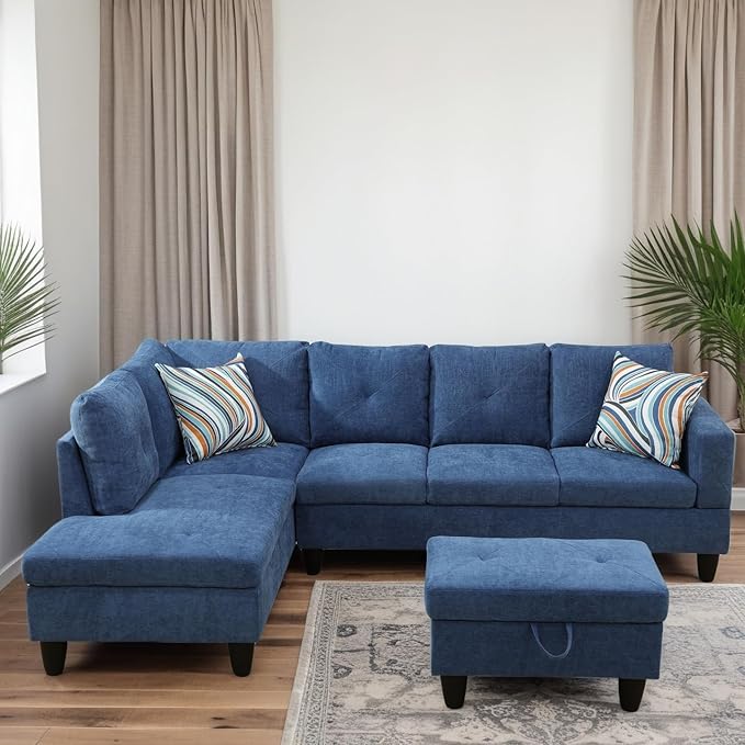 L Shaped Couches for Living Room Sectional Couch Living Room Furniture with Storage Ottoman Modular Sectional Sofa with Movable Chaise for Apartment Office Blue