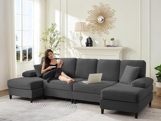 Mjkone 112 Width 4 Seater U Shaped Sofa Couch with Double Chaises Sectional Living Room Sofa Couches with Sleepable Armrest Corduroy Sleeper Sofas Couch Set for Living Room Sets Furniture Dark Grey