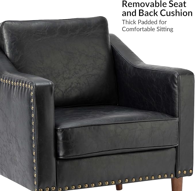 HULALA HOME Faux Leather Accent Armchairs Set of 2 with Back &amp Seat Cushions Traditional Club Chairs with Nailhead Trim Comfy Upholstered Sofa Chairs for Living Room Bedroom Black
