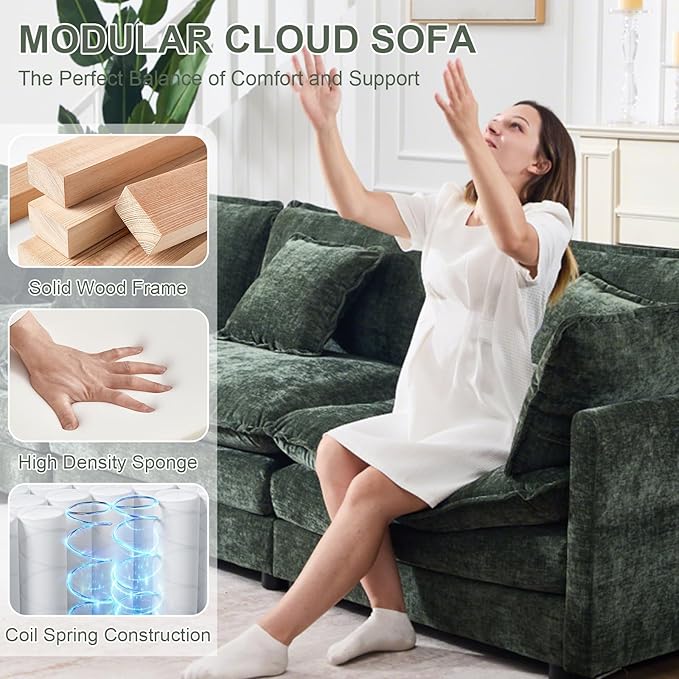 111.5 L Shaped Couch with Ottoman Chenille Cloud Sectional Sofas Modern Modular Sectional Sofa Deep 4 Seat Couches for Living Room Apartment Office Green