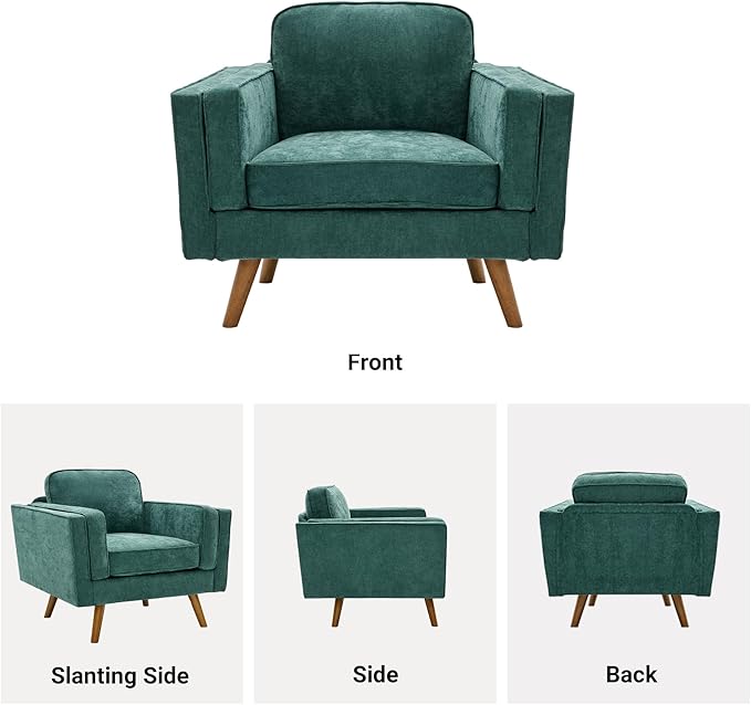 Kingfun Modern Accent Chair Living Room Chairs Chenille Reading Armchair Mid Century with Dual-Layer Armrests Solid Wood Frame Easy Assembly for Small Spaces Green