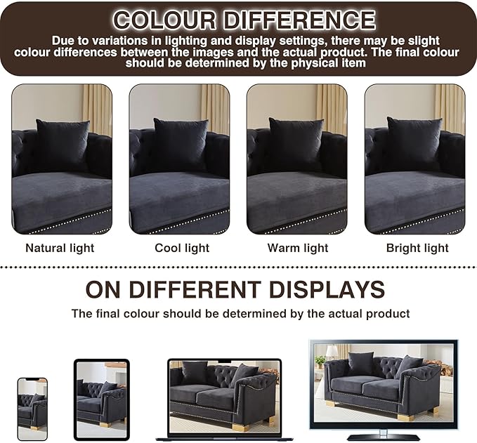 62 inch Chesterfield Loveseat Sofa 2 Seater Mid Century Modern Sofa Couch with Gold Rivet Decoration Cloud Comfy Velvet Upholstered Button-Tufted Couch for Living Room Office Black