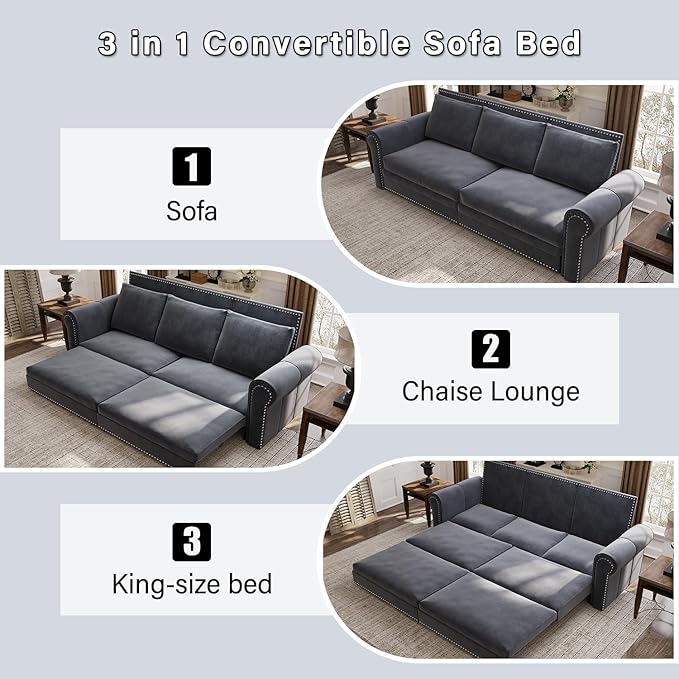 Eafurn 93.7 King Size Pull Out Sofa Bed 3-in-1 Convertible Sleeper Sofa Couch Bed with Nailhead Decor and Rolled Arms Velvet Oversized Chesterfield Loveseat Chaise Lounge