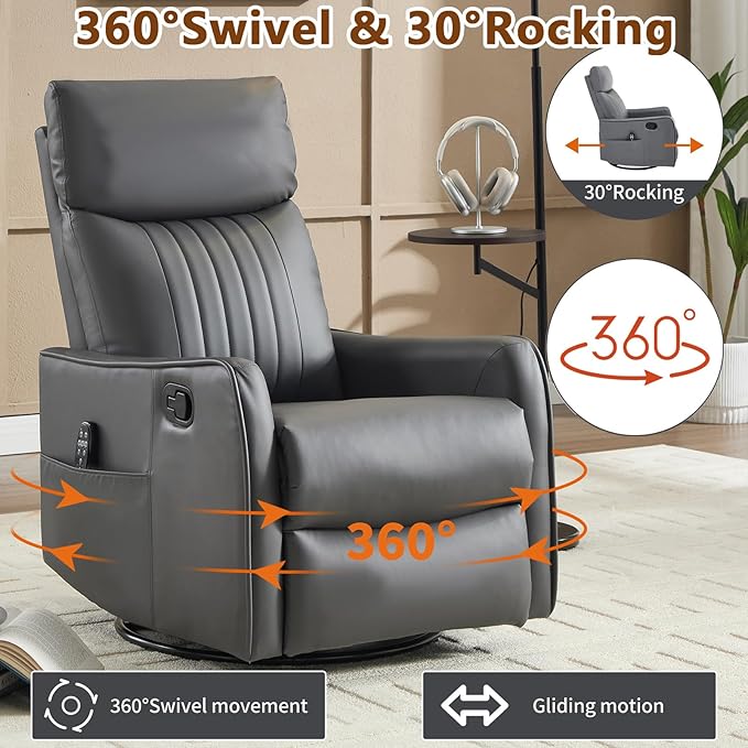 Massage Recliner Chair with Heat Slim Recliners for for Adults Swivel Rocking Chair Recliner with High Back Small Recliner Chair for Small Spaces Living Room Adjustable Footrest (Dark Grey)
