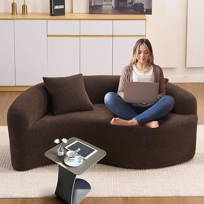 67 Curved Loveseat SofaFull Sponge Compression Sofa Chinese Tai Chi StyleS-Shaped Couch for Small SpacesNo Installation RequirementWood Grain Chenille Fabric （Brown67）