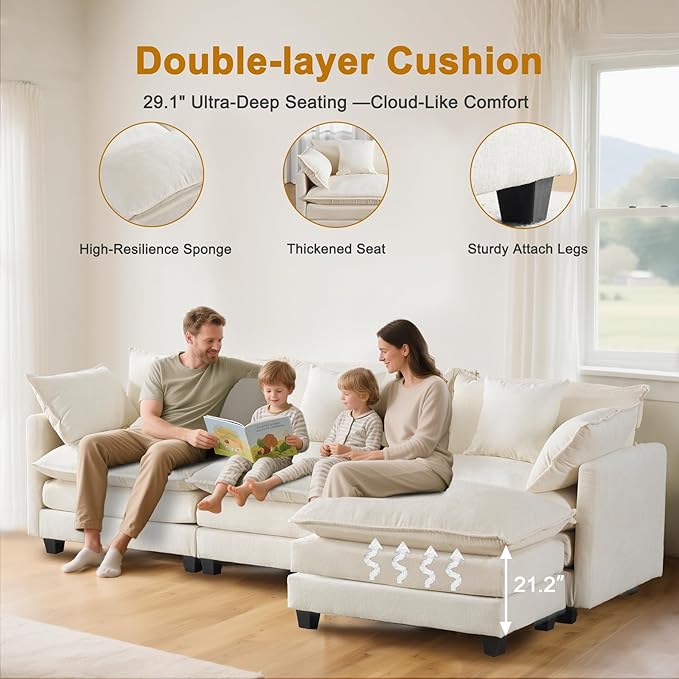 111.4 Modular Sectional Sofa｜Comfy Cloud Couch with Movable Ottoman Deep Seat｜Chenille L Shaped Modular Sofa Sectional Couches for Living Room Bedroom and Apartment｜Beige