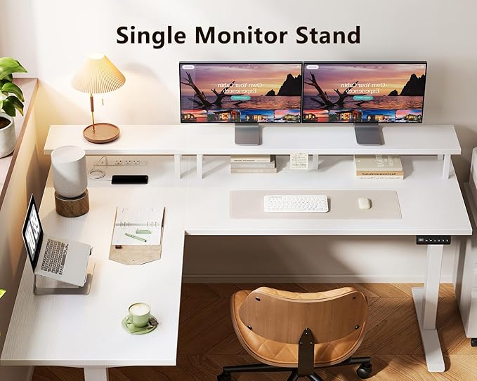 AODK Electric L-Shaped Standing Desk 59 Inch Height Adjustable Office Desk with Monitor Stand Sit-Stand Desk with Power Outlets Large Lift Table for Home Office Workstation White